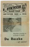 New Zealand tour of England 1936. 'New Zealand (All Blacks) Rugby Tour Souvenir 1888 to 1936'. Official brochure for the 1935/36 tour compiled by B.M. Turner. 48pp brochure with original decorative paper wrappers. Results annotated in pencil to fixture li