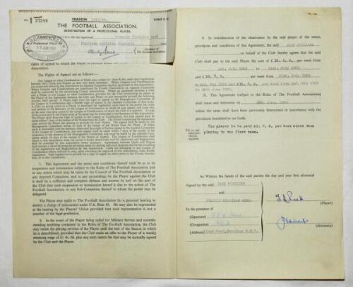 Charlton Athletic. Original official four page agreement/contract between Francis Nicholas Reed and Jack Phillips, Secretary of Charlton Athletic to play for Charlton for the 1958/59 season. Signed by Reed and Phillips in ink and dated 17th June 1958 and 