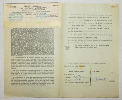 Charlton Athletic. Original official four page agreement/contract between Edward Leonard Stone and Jack Phillips, Secretary of Charlton Athletic to play for Charlton for the 1959/60 season. Signed by Stone and Phillips in ink and dated 24th August 1959 an