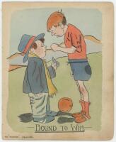 'Bound to Win'. Original colour watercolour with pen and ink cartoon by F.G. Lewin for 'The Referee' magazine, c1909. The illustration depicts a footballer with a ball at his feet standing with his fist clenched in front of a referee wearing a hat, jacket
