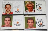Manchester United F.C. Selection of sixteen official United colour 'half' club cards. Fourteen signed by the player featured. Signatures are Carroll, Silvestre, Butt, Chadwick, Brown, Bosnich, Fortune, van Nistelrooy, Schmeichel, Scholes. Bardsley, Blomqv