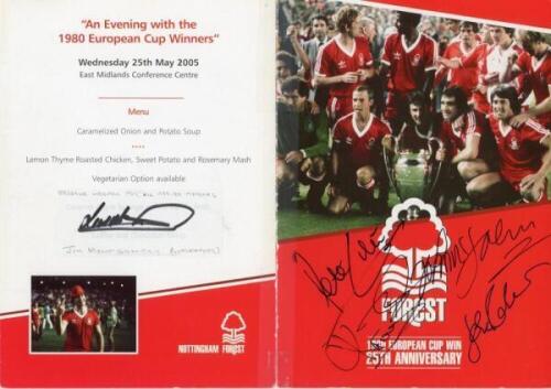 Nottingham Forest F.C. Official folding menu for the 25th Anniversary dinner held on 25th May 2005 to celebrate Nottingham Forest winning the European Cup in season 1979/80. The menu is fully signed by all the players who played in the competition. Includ