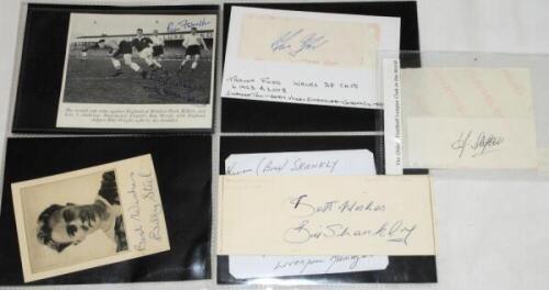 Football international autographs 1930s-1950s. Sixteen signatures in ink, the majority of players who represented their county. Signatures on pieces, cuttings, cards, labels etc. Signatures include Peter McFarland (Northern Ireland), Billy Steel (two sign