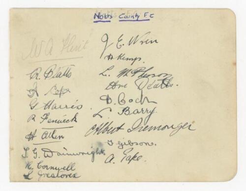 Notts County F.C. 1923/24. Album page signed in ink (one in pencil) by eighteen members of the Notts County team. Signatures are Flint, Platts, Cope, Harries, Fenwick, Allen, Wainwright, Cornwall, Greatorex, Wren, Kemp, McPherson, De'ath, Cock, Barry, Gib