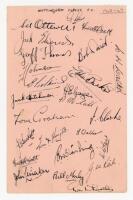 Nottingham Forest F.C. 1948/49. Album page nicely signed in ink by twenty five players and coaching staff (one duplicate). Signatures include Lee, Ottewell, Scott (signed twice), Edwards, Thomas, Johnson, Wilkins, Barks, Hutchinson, Gager, McCall, Knight,