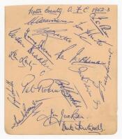 Notts County F.C. 1952/53. Large album page signed in ink by sixteen members of the Notts County team. Signatures are Adamson, I. McPherson, Johnston, Baxter, Deans, Bradley, Leuty, K. McPherson, Evans, Edwards, Crookes, Robinson, Smith, Broome, Jackson a