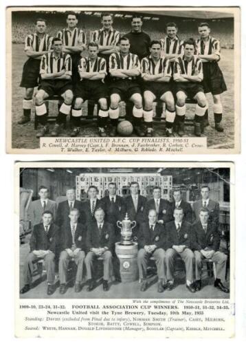 Newcastle United A.F.C. Cup Finalists 1950-51. Mono real photograph postcard of the team at St James Park with large crowd in attendance. Postcard by George W. Logan of Consett. Title and players names to lower border. Minor wear to postcard otherwise in 