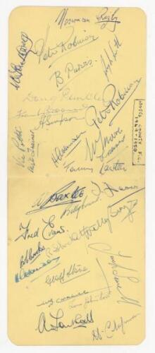 Notts County F.C. 1949/50. Two joined album pages nicely signed in ink by thirty members of the Notts County team and coaching staff. Signatures include Rigby, Robinson (signed twice), Purvis, Southwell, Pimbley, Broome, Simpson, Lawton, Baxter, Deans, Ev