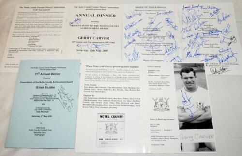 Notts County F.C. 2006-2009. Four official signed menus for dinners given by the Notts County Former Players' Association. Includes one menu for the dinner to Don Masson held on 13th May 2006 (over forty signatures), two for the dinner to Gerry Carver, 12