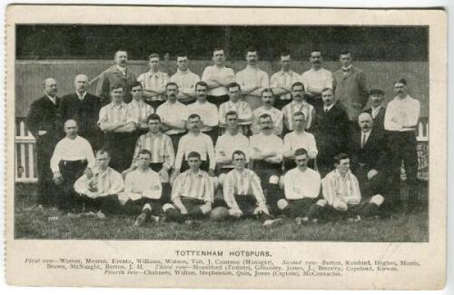 Tottenham Hotspur F.C. 1902/03. Rare early mono printed postcard of the team playing staff and officials, standing and seated in rows, with title 'Tottenham Hotspurs' and players names to lower border. Publisher unknown. No. 7235 to left hand corner. Post