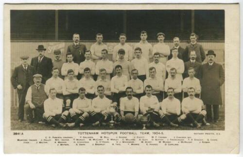 Tottenham Hotspur F.C. 1904/05. Rare early mono real photograph postcard of the team playing staff and officials, standing and seated in rows, with title 'Tottenham Hotspur Football Club 1904-05' and players names to lower border. Postcard by Rotary Photo