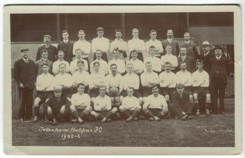 Tottenham Hotspur F.C. 1905/06. Rare early mono real photograph postcard of the team playing staff and officials, standing and seated in rows, with title 'Tottenham Hotspur F.C. 1905-06' to lower border, to the left. Copyright by Purdie of Chingford, publ