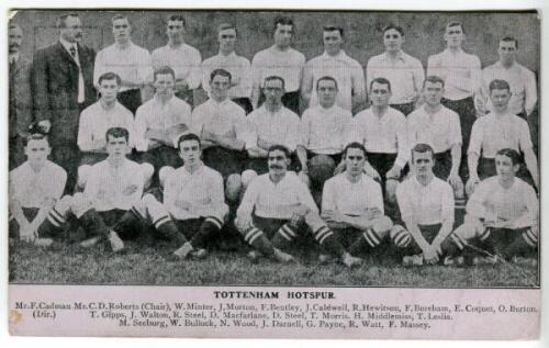 Tottenham Hotspur F.C. 1908/09. Rare early mono printed postcard of the team and officials, standing and seated in rows, with title and players names printed to lower border. Publisher unknown. Postally unused. Light wear to corners, some wear to image wi