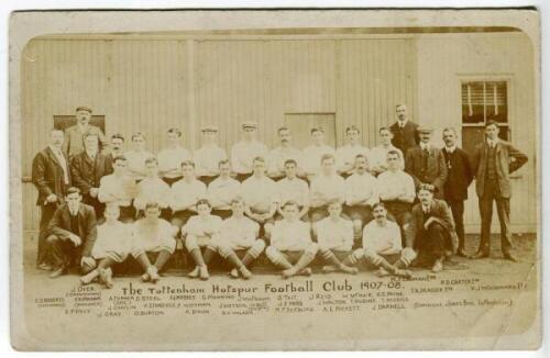 Tottenham Hotspur F.C. 1907/08. Rare early sepia real photograph postcard of the team and officials, standing and seated in rows, with title and players names printed to lower border. Jones Bros, Tottenham. Postally unused. Minor fading to image, crease t