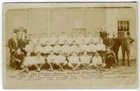 Tottenham Hotspur F.C. 1907/08. Rare early sepia real photograph postcard of the team and officials, standing and seated in rows, with title and players names printed to lower border. Jones Bros, Tottenham. Postally unused. Minor fading to image, crease t