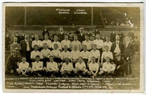 Tottenham Hotspur F.C. 1908/09. Rare early mono real photograph postcard of the team and officials, standing and seated in rows, with title and players names printed to lower and upper border. F.W. Jones of Tottenham. Postally unused. Some surface loss to