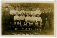 Tottenham Hotspur v Fulham and v Burnley, F.A. Cup 2nd and 3rd rounds 1908/09. Early mono real photograph postcard of the team and officials, standing and seated in rows on the pitch with the large crowd behind them, for the matches played at White Hart L