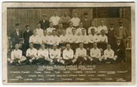 Tottenham Hotspur F.C. 1911/12. Early sepia real photograph postcard of the team and officials, standing and seated in rows, with title and players names printed to lower border. F.W.Jones of Tottenham. Postally unused. Rare. Some soiling to white outer b