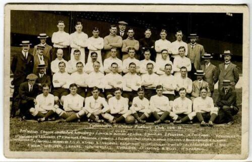 Tottenham Hotspur F.C. 1914/15. Early mono real photograph postcard of the playing staff, officials and Directors, standing and seated in rows, with title and players names printed to lower border. F.W.Jones, Tottenham. Postally unused. Minor wear to card