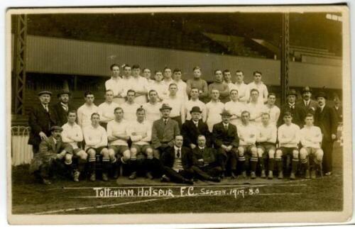 Tottenham Hotspur F.C. 1919/20. Mono real photograph postcard of the team and officials, standing and seated in rows, with title printed to lower border 'Tottenham Hotspur F.C. Season 1919-20'. Appears to be by Crawford, Edmonton. Postally unused. Light c