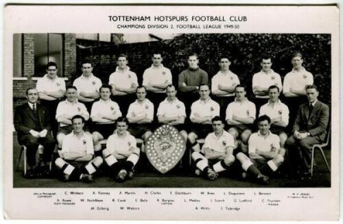 Tottenham Hotspur F.C. 'Champions Division 2' 1949/50. Mono real photograph postcard of the team, manager and trainer, standing and seated in rows with large trophy to centre, with title to lower border. W.H. Jaques. Postally unused. Good/very good condit