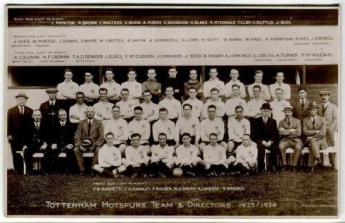 Tottenham Hotspur F.C. 1923/24. Mono real photograph postcard of the team, officials and Directors, standing and seated in rows, with title 'Tottenham Hotspur. Team & Directors. 1923/1924' printed to lower border, team names printed to top and lower borde