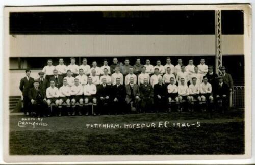 Tottenham Hotspur F.C. 1924/25. Mono real photograph postcard of the playing staff, directors and officials, standing and seated in rows, with title printed to lower border. W.J. Crawford of Edmonton. Postally unused. Good/very good condition - football