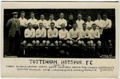 Tottenham Hotspur F.C. 1925/26. Mono real photograph postcard of the team and trainer, standing and seated in rows, with title and players names printed to lower white border. W.J. Crawford of Edmonton. Postally unused. Good/very good condition. Rare - fo