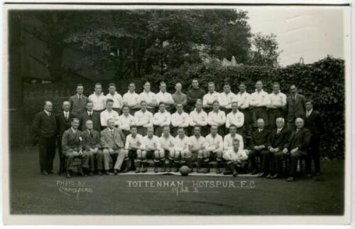 Tottenham Hotspur F.C. 1932/33. Mono real photograph postcard of the playing staff, officials and directors, standing and seated in rows, with title to lower border. W.J. Crawford of Edmonton. Postally unused. Very good condition - football