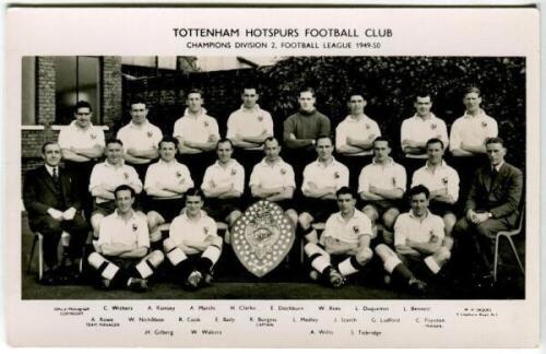 Tottenham Hotspur F.C. 'Champions Division 2' 1949/50. Mono real photograph postcard of the team, manager and trainer, standing and seated in rows with large trophy to centre, with title to lower border. W.H. Jaques. Postally unused. Good/very good condit