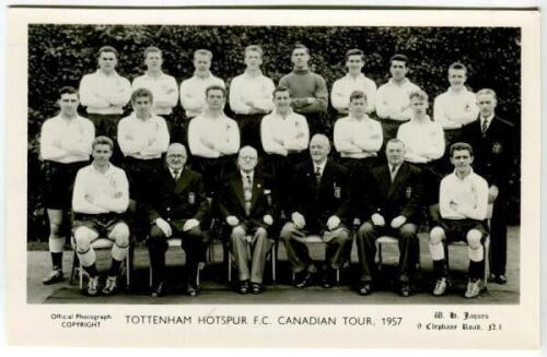 Tottenham Hotspur F.C. Canadian Tour 1957. Mono real photograph postcard of the touring team, manager, trainer and officials, standing and seated in rows, with title to lower border. W.H. Jaques. Postally unused. Good/very good condition. Rare - football