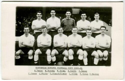 Tottenham Hotspur F.C. 'Double Winners' 1960/61. Mono real photograph postcard of the team, standing and seated in rows, with title and players names to lower border. A. Wilkes & Son, West Bromwich. Postally unused. Good/very good condition - football
