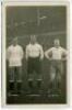 Arthur Grimsdell. Tottenham Hotspur 1912-1929, James Cantrell. Tottenham Hotspur 1912-1922 and Herbert Bliss. Tottenham Hotspur 1912-1922. Mono real photograph postcard of the three players, full length, in Spurs attire on the pitch in front of a packed W