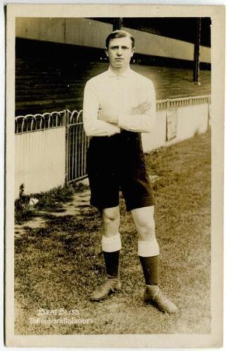 Herbert Bliss. Tottenham Hotspur 1912-1922. Early sepia real photograph postcard of Bliss, full length, in Spurs attire. Title to lower border 'Bert Bliss. Tottenham Hotspur'. 'F.W. Jones' of Tottenham. Postally unused. Very good condition - football