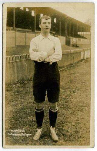 William Bulloch. Tottenham Hotspur 1908/1909. Early sepia real photograph postcard of Bulloch, full length, in Spurs attire. Title to lower left hand corner 'W. Bulloch. Tottenham Hotspur'. Jones Bros, Tottenham. Postally unused. Minor soiling to verso ot