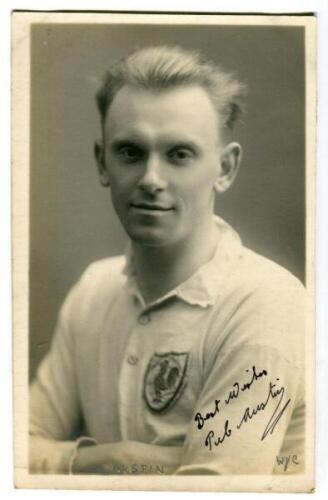 Percy Charles Austin. Tottenham Hotspur 1926-1928. Mono real photograph postcard of Austin, half length, in Spurs shirt. Name to lower border. Nicely signed in ink to the lower right hand corner 'Best Wishes'. W.J. Crawford of Edmonton. Good/very good con