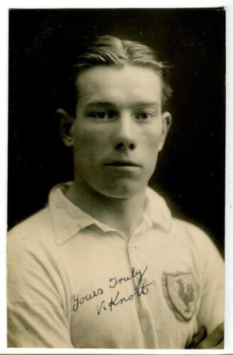 Victor Knott. Tottenham Hotspur 1923-1926. Mono real photograph plainback postcard of Knott, half length, in Spurs shirt. Nicely signed in ink to the lower centre of the card 'Yours truly'. W.J. Crawford of Edmonton. Good/very good condition Postally unu