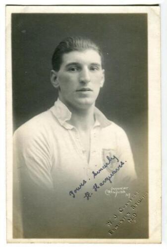 Harold Hargreaves. Tottenham Hotspur 1923-1926. Early mono real photograph postcard of Hargreaves, half length, in Spurs shirt. W.J. Crawford of Edmonton. Nicely signed in ink 'Yours sincerely'. Postally unused. Very good condition - football