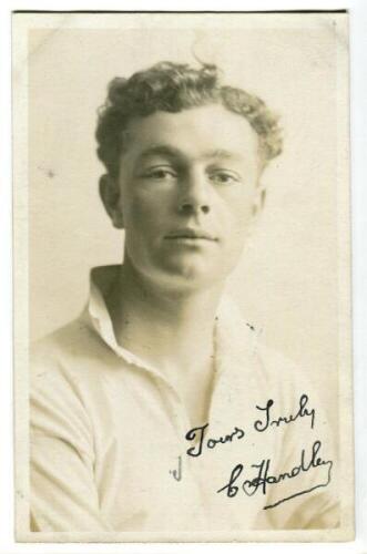 Charles Harold James Handley. Tottenham Hotspur 1921-1929. Sepia real photograph postcard of Handley, half length, in Spurs shirt. Signed in ink 'Yours truly, C. Handley'. W.J. Crawford of Edmonton. Good/very good condition Postally unused - football