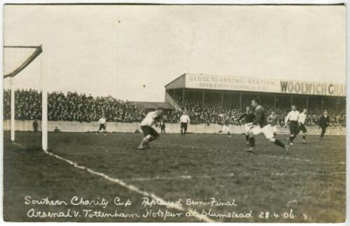Tottenham Hotspur F.C. 1906. 'Southern Charity Cup. Replayed Semi-Final. Arsenal v Tottenham Hotspur at Plumstead 28.4.06'. Action real photograph postcard from the match with large crowd in attendance. Publisher unknown. Very good condition. Exceptionall