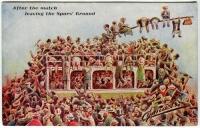 Tottenham Hotspur F.C. 'After the Match, leaving the Spurs' Ground' c1910. Comical colour caricature image of a large crowd of spectators attempting to mount a tram which is very overcrowded. Postcard by 'The Cynicus Publishing Co. Ltd of Fife'. Postally 