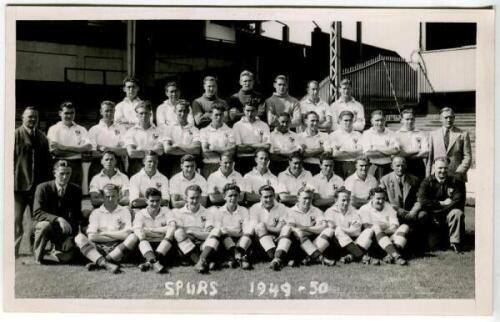 Tottenham Hotspur F.C. 'Champions Division 2' 1949/50. Mono postcard size real photograph of the playing staff and officials, standing and seated in rows, with title to lower border. W.E. Atkins & Sons, Tottenham. Good/very good condition - football