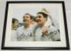 Tottenham Hotspur F.C. 1960s. Mono photograph of Martin Peters scoring for England against West Germany in the 1966 World Cup Final. Boldly signed in ink by Peters. Mounted, framed and glazed, overall 17"x13". Sold with a colour photograph of Alan Mullery - 2