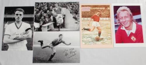 Manchester United F.C. Eight colour and mono copy press photographs, each signed by the featured player. Signatures are Gilbert Scanlon, Albert Quixall, Bill Foulkes, Harry Gregg, Denis Law, Kenny Morgans, Christiano Ronaldo and Roy Keane. Also a colour p