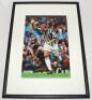 Alan Shearer. Newcastle United. Excellent colour photograph of Shearer having just scored for Newcastle United, with his trademark celebration of one arm in the air. Signed to the photograph by Shearer. Mounted, framed and glazed, overall 12.5"x17". VG - 