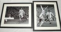 Leeds United F.C. 1970s. Two signed mono framed photograph of Leeds players in match action. One of Norman Hunter, the other of Mick Jones and Eddie Gray celebrating scoring a goal. Both boldly signed by the featured player(s). Each measures 13"x11". VG -