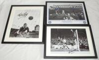 Chelsea F.C. 1950s-1970s. Two signed mono photographs of Chelsea players in action, one of Roy Bentley making a diving header, viewed from behind the goal, the other of Peter Bonetti making a spectacular save. Also a mono and colour photo montage of Ron '