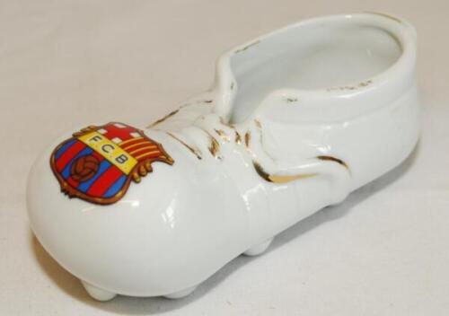 F.C. Barcelona. Crested football boot with emblem of F.C. Barcelona to toe. Gilt lustre worn. 5" long. Date unknown. G - football