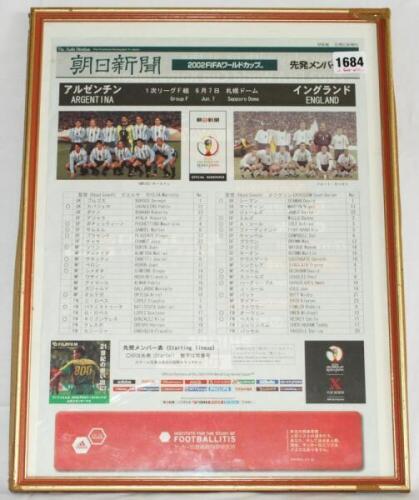 FIFA World Cup 2002. Large original printed team sheet for the Argentia v England Group match played at the Sapporo Dome on the 7th June 2002. The names and words in English and Japanese. Sold with a selection of ephemera including the official tournament