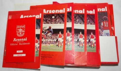Arsenal F.C. 1970s onwards. Nine official Club binders comprising a near complete run of Arsenal home programmes. Seasons are 1976/77, 1977/78 (lacking one), 1978/79 (lacking one), 1979/80, 1980/81, 1981/82, 1982/83, 1983/84 and 1984/85. Matches include F